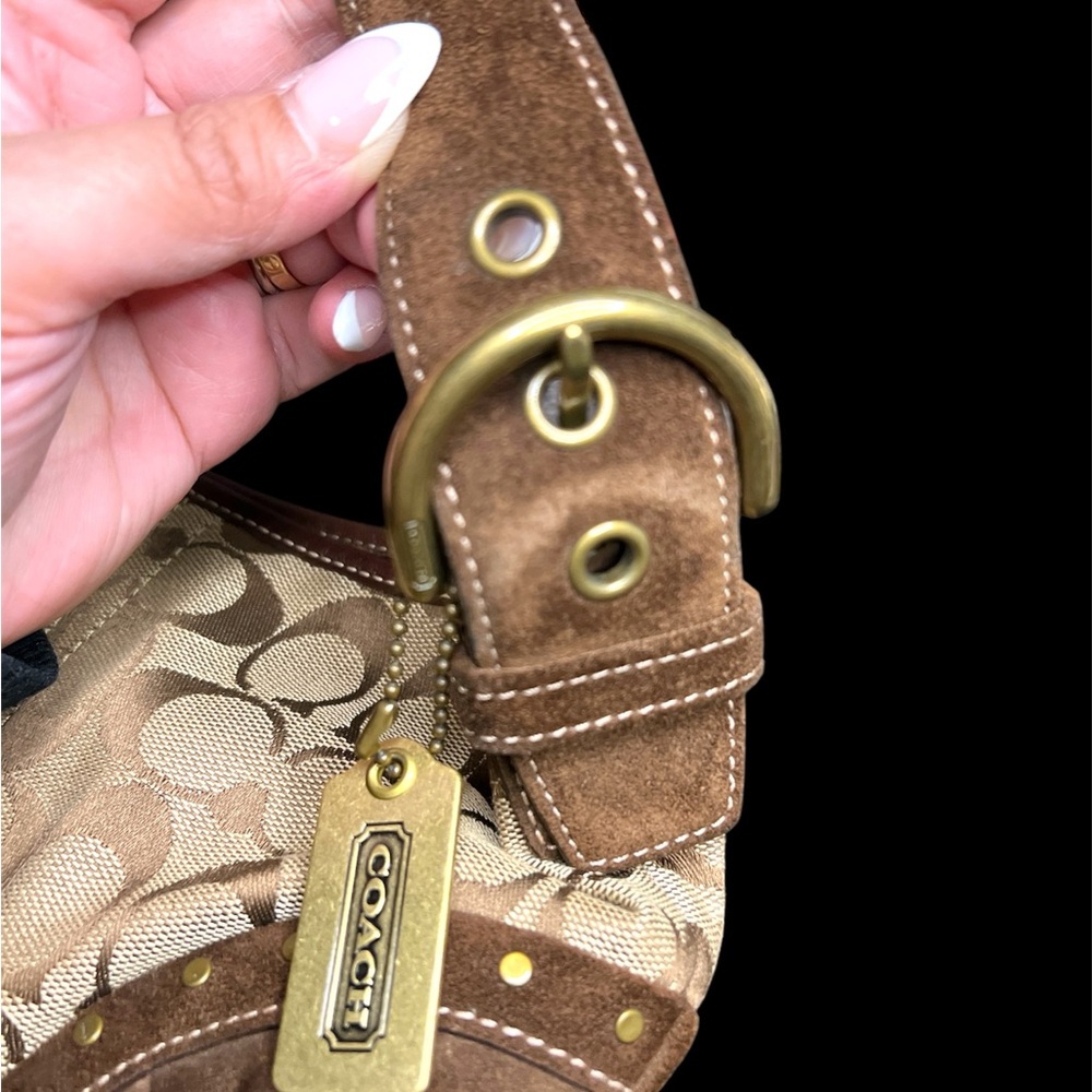 Vintage Coach Signature Logo with Suede & Brass Rivets SM bag #DO4J-7057 ✨👜💼🤎 - Picture 6 of 12